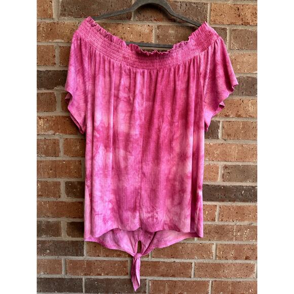 Lane Bryant Women's Pink Tie Dye Off The Shoulder Short Sleeve Blouse Size 22/24 - Picture 2 of 4